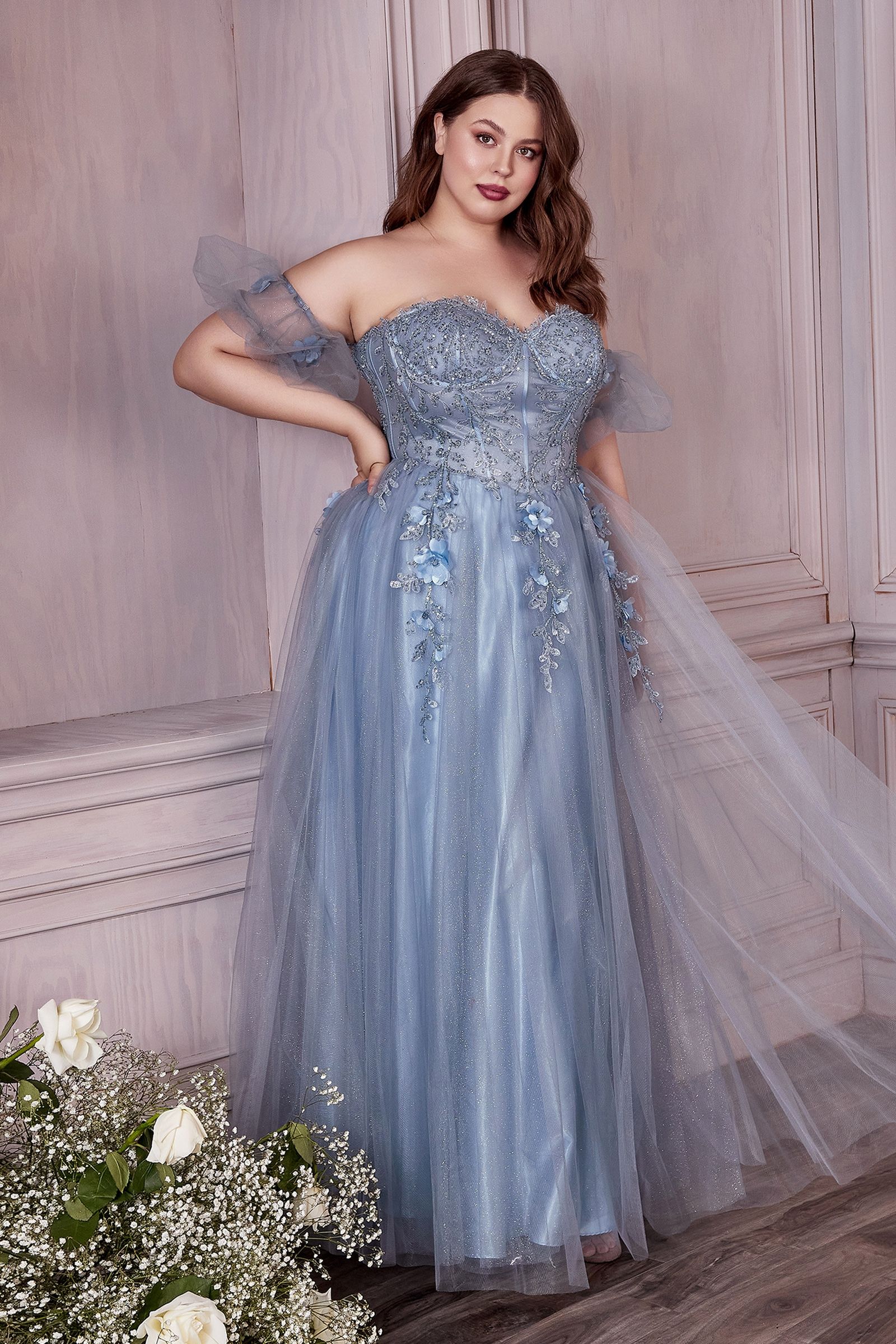 Blush & Burgundy Plus Size Tulle Ball Gown | Floral Appliqué Strapless Dress with Off-Shoulder Sleeves CDCD0191C-0